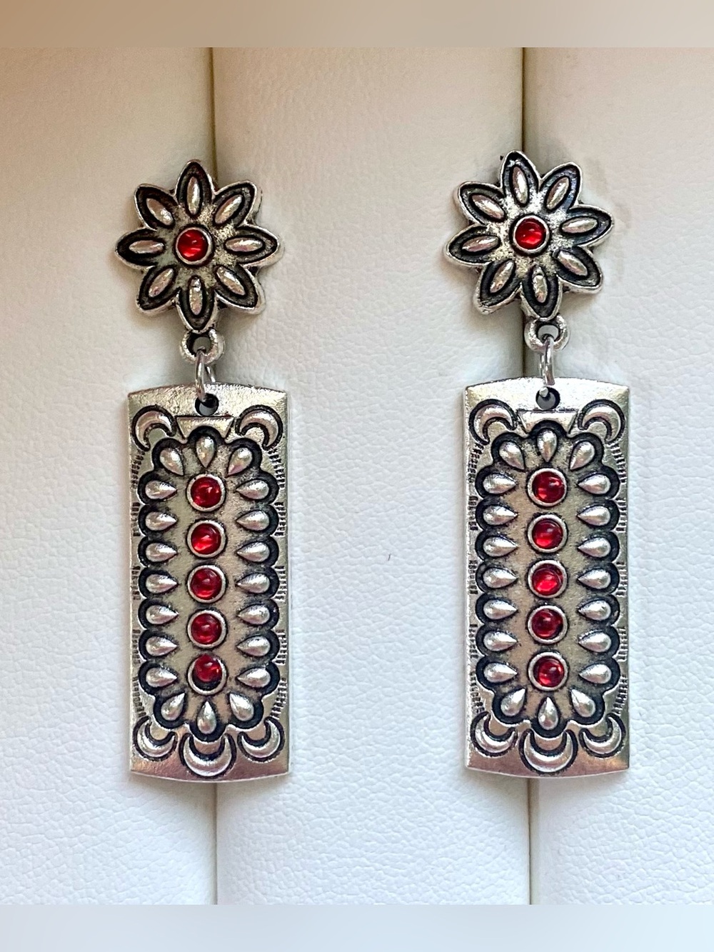 Silver Floral Drop Earrings with Red Accents